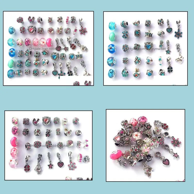 Mix style and color rhinestone antique silver plated big hole alloy beads charms fit European bracelet DIY