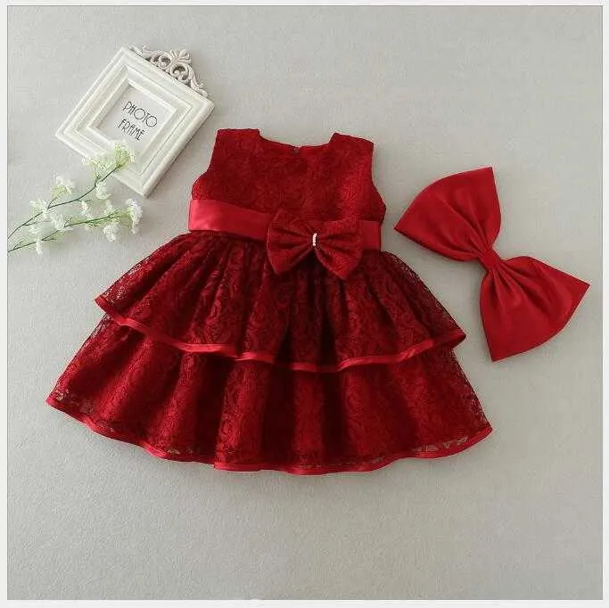 Säugling Kleinkind Baby Spitze Taufe Kleid Kinder Mädchen weiß geschichtet mit Bögen 0-24M Geburtstag Kleid für Kinder 210529