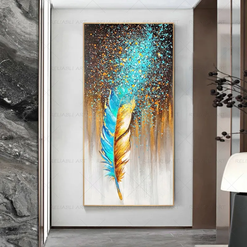 Abstract Entrance Painting Golden Feather Poster Wall Art for Living Room Luxury Pictures Modern Home Decoration Canvas Prints