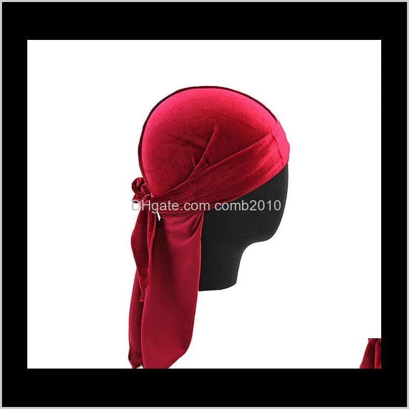 velvet durag men`s turban cap 12 colors women headwear breathable hip hop long tail hair accessories styling tool 50pcs
