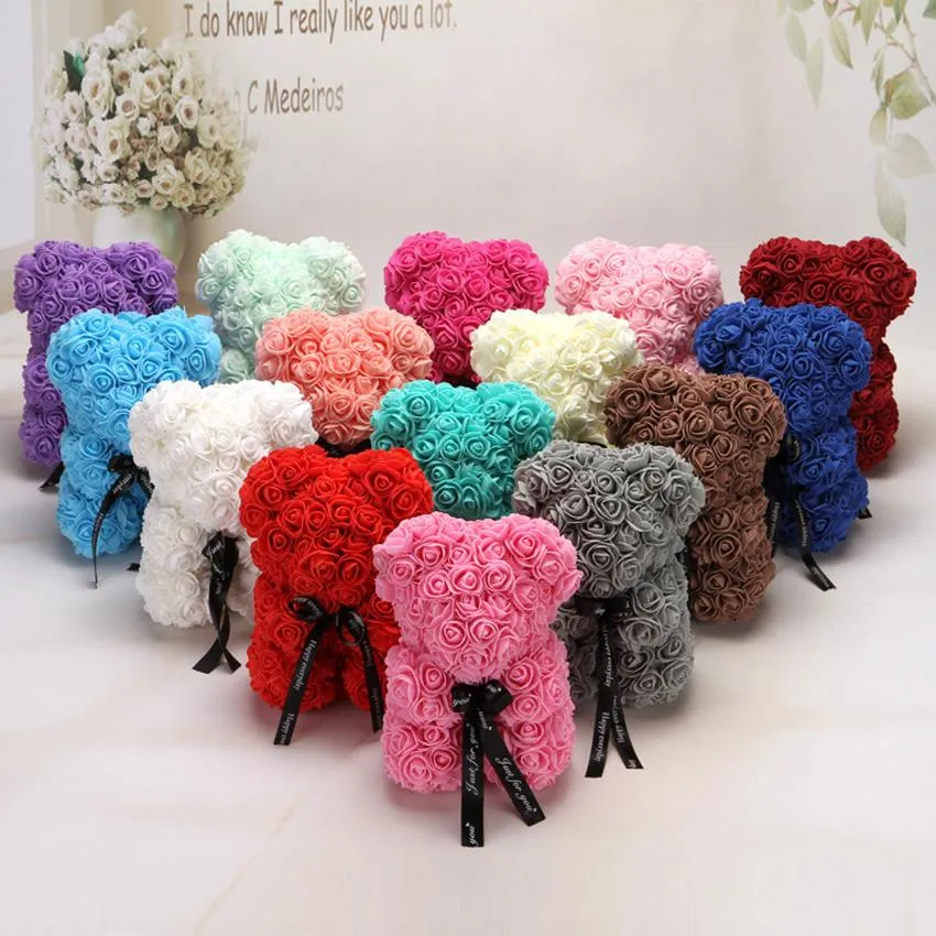 25cm PE Plastic Artificial Flowers Rose Teddy Bear Hand Made 18 Colors Foam Valentines Day Gift Birthday Party Decoration