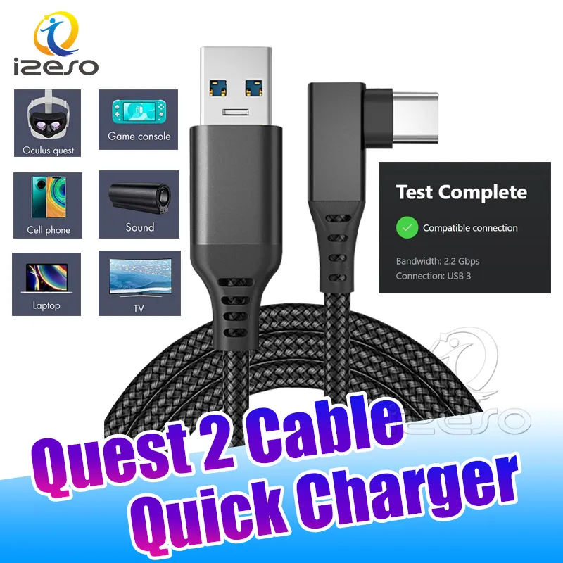 Cabos de carregamento de linha de dados 3M 5M 6M para Oculus Quest 2 Link Cable USB 3.1 Tipo C Transferência de dados USB-A para Tipo-C 3A Carregador rápido izeso