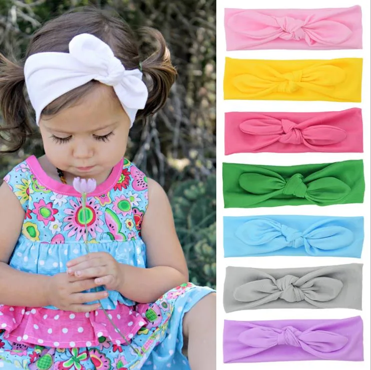 Bebek Kafa Bandı Tavşan Kulak Hairbands Katı Düğüm Yay Turbans Elastik Kafa Sarar Çocuk Saç Aksesuarları 12 Renkler DW4956