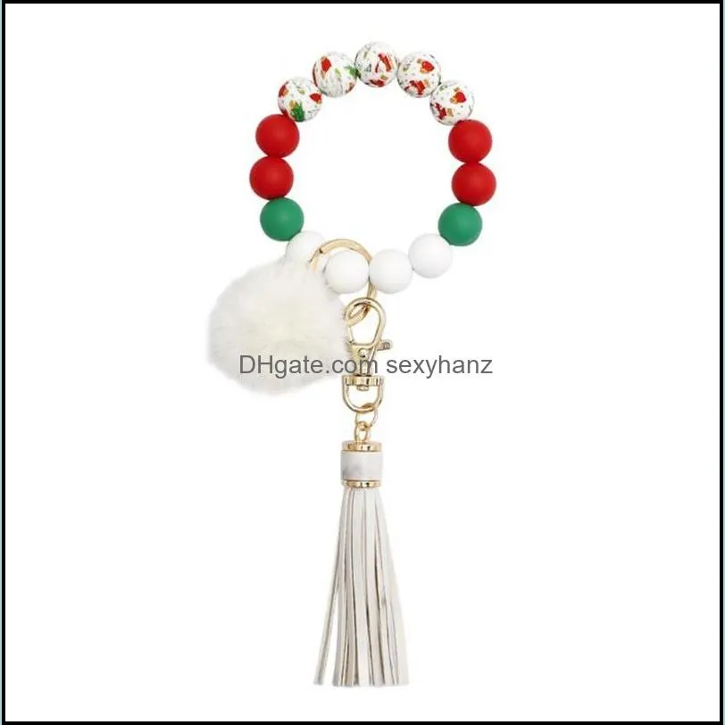 Christmas Halloween Bracelet keychains With Tassel and Pomom Silicone Rubber Saint Bracelets Car Keychain Holder Women Wristlet