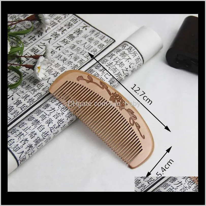 natural peach combs thickened carved wood combs anti-static massage scalp health portable hair comb wedding favor women`s gifts