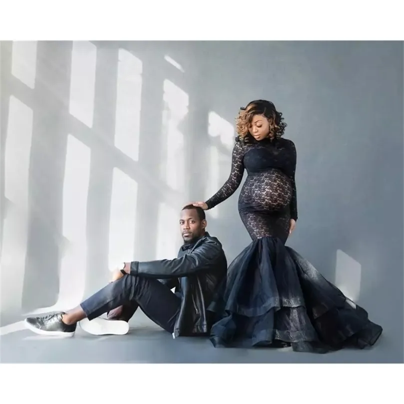 Maxi Maternity Gown Dresses for Po Shoot Pregnant Women Long Sleeve Black Lace Turtleneck Pography Pregnancy Dress 210922