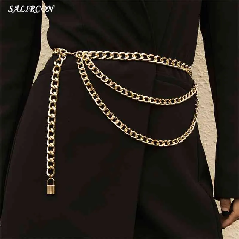 Salircon Punk serrure pendentif taille pour femmes Vintage aluminium couches cadenas chaîne ceinture Sexy mode corps bijoux 2021