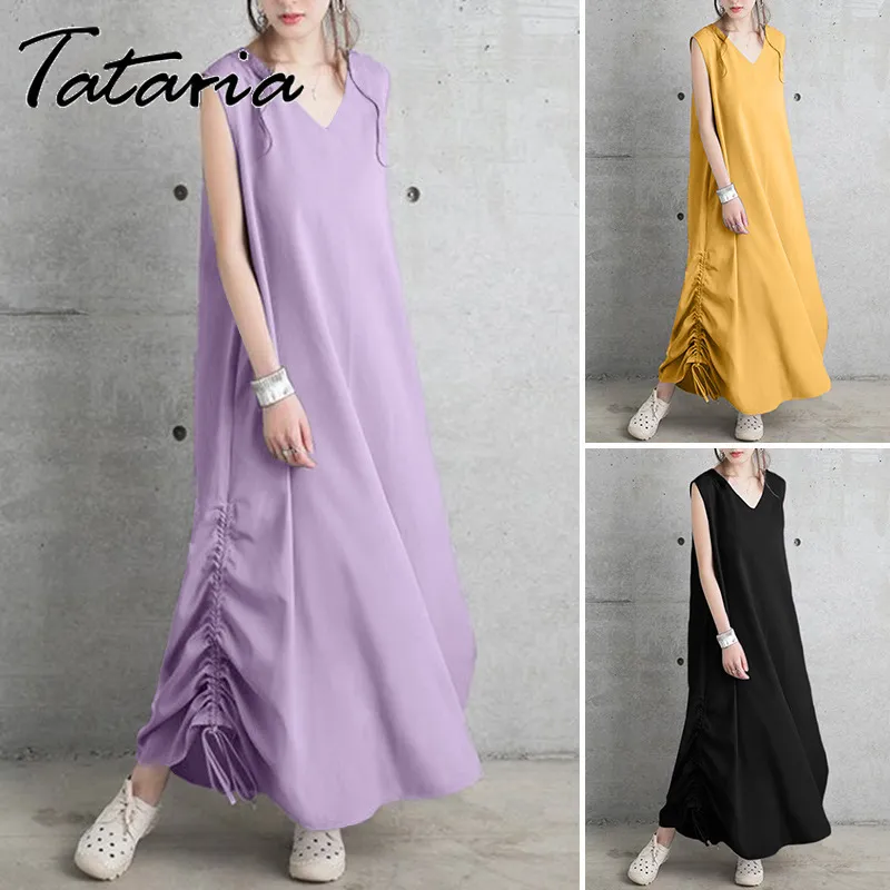 Cotton Tank Dress Women's Summer Solid Vintage Soft Beach Maxi es for Women summer V-neck Loose Baggy Draw String 210514