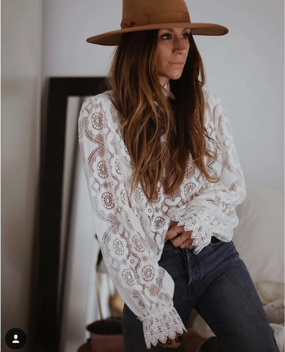 Women's White Lace V Neck Blouse, Long Lantern Sleeves, Floral