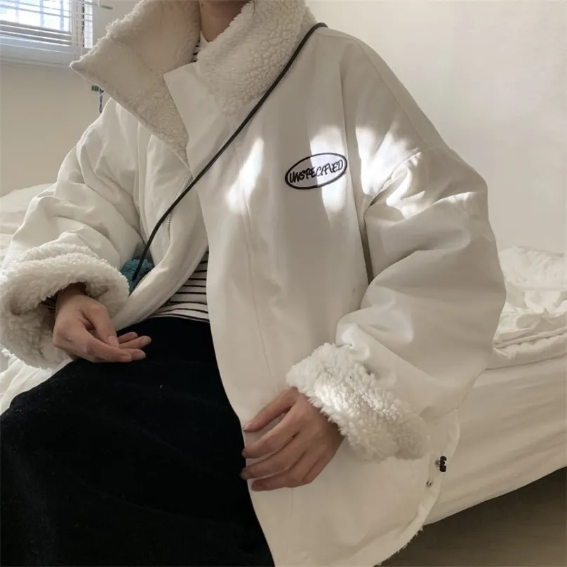 Obie strony nosić zima jagnięcina aksamitna kurtka damska retro hong kong style ins małe krótkie bawełniane płaszcz wom 211018