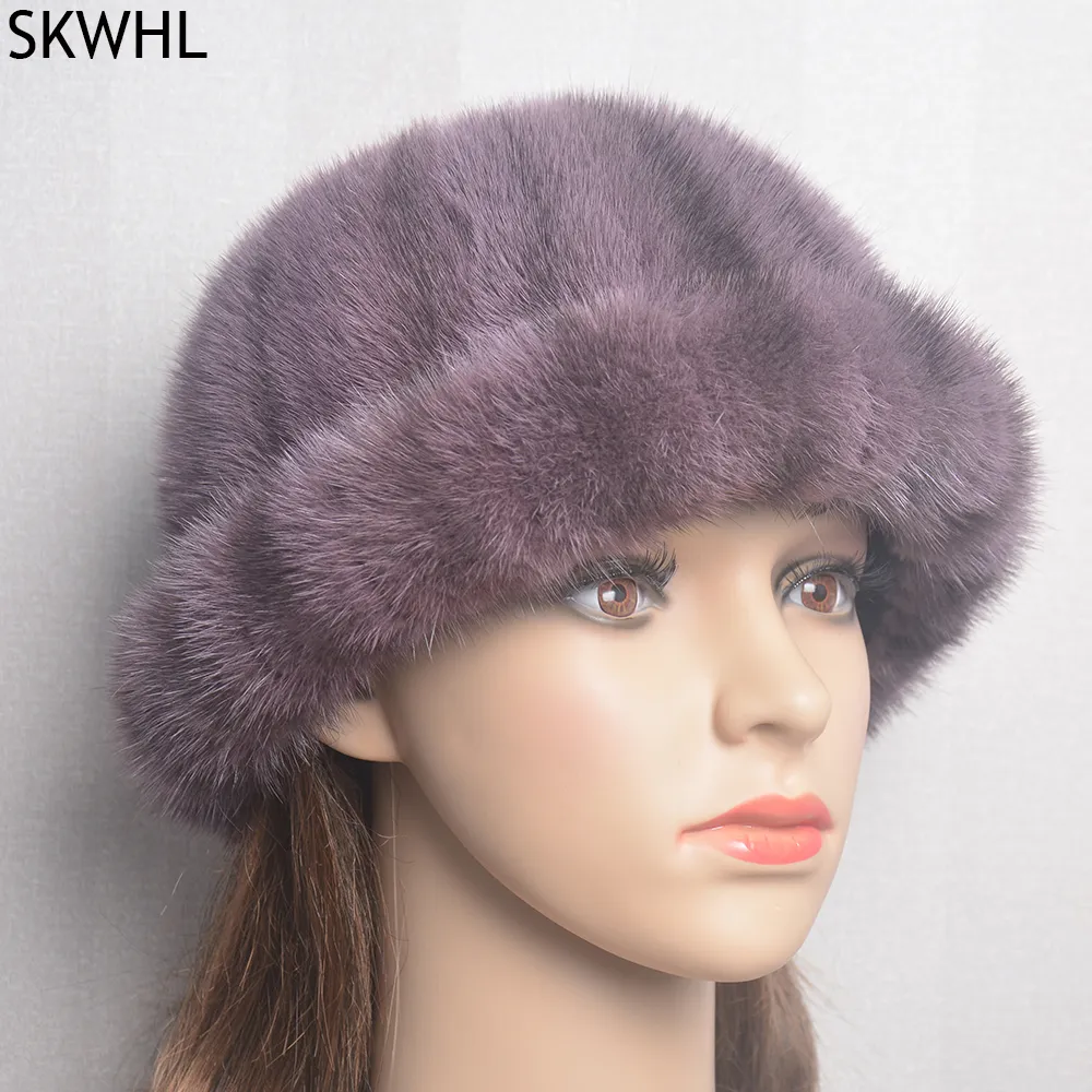 Mode Lady Vintage Beanie Mössor Kvinnor Vinter Varm Hyresvärd Hatt StreetWear Hip Hop Brimless Real Mink Fur Cap