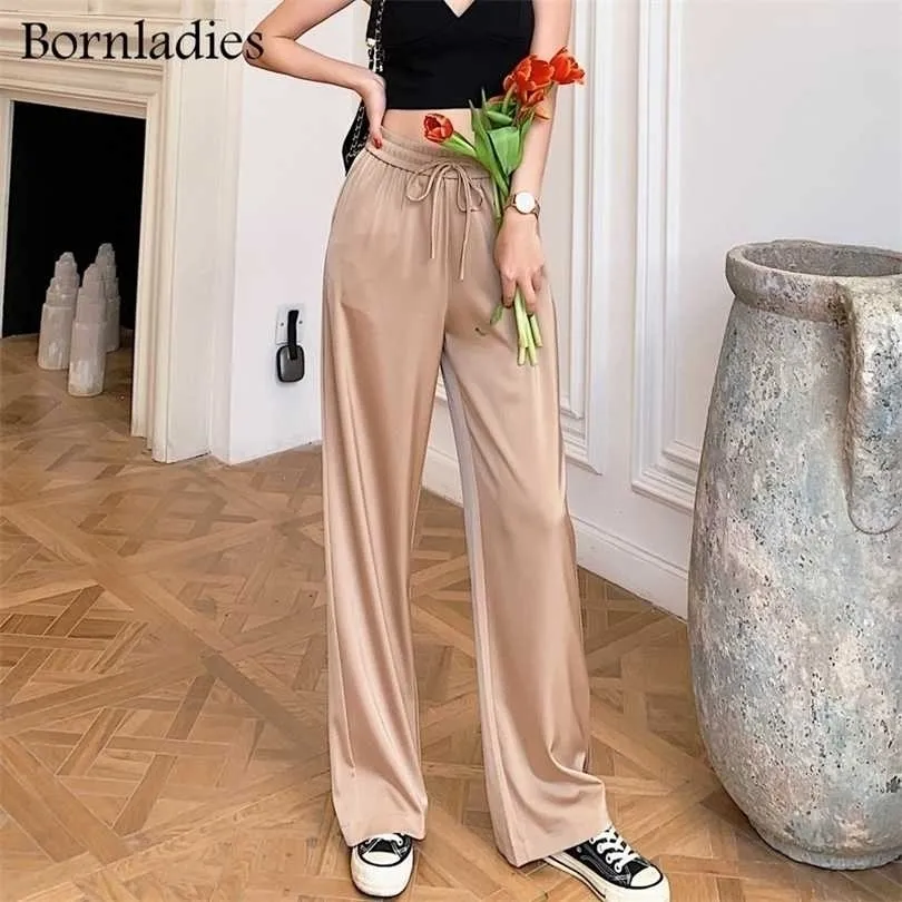 Bornladies High Waist Wide Leg Pant Solid Oversized Silk Satin Vintage Grön Kvinna Casual Straight Loose Trousers 211124