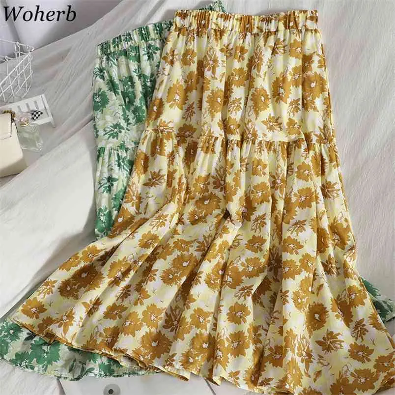 Floral Print Long Pleated Skirt Women Fashion Spring Summer All Match Korean Casual High Waist Female 210519
