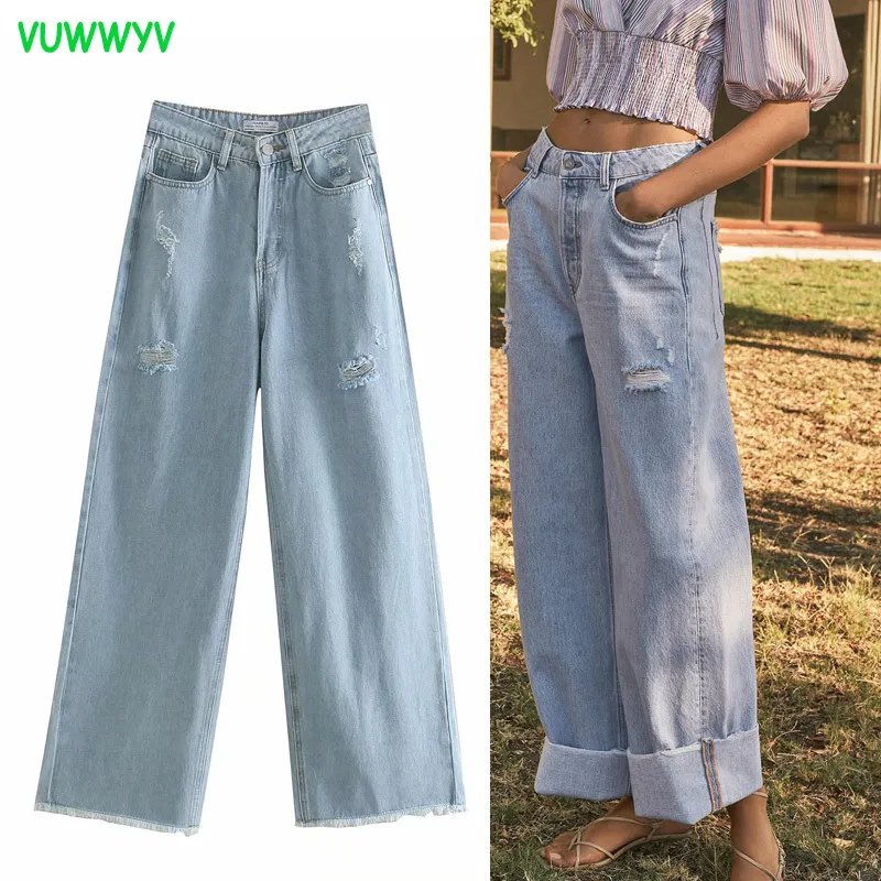 VUWWYV bleu Baggy déchiré jean pour femmes été jambe large femme taille haute mode Streetwear pantalon tourner vers le haut garniture 210430