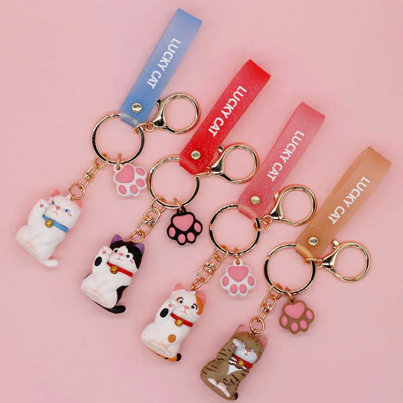 Japonais mignon petit chaton chat porte-clés pour femmes mode lettre chat chanceux pvc bracelet porte-clés petite amie sac bijoux cadeau G1019