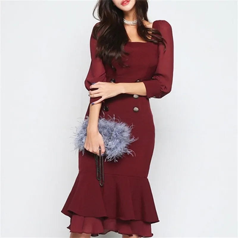 Womens Vintage Claret Sereia Bodycon Dress Primavera Mulheres Colares Quadrados Mid-bezerro Vestidos Casual Office Vestidos 210603