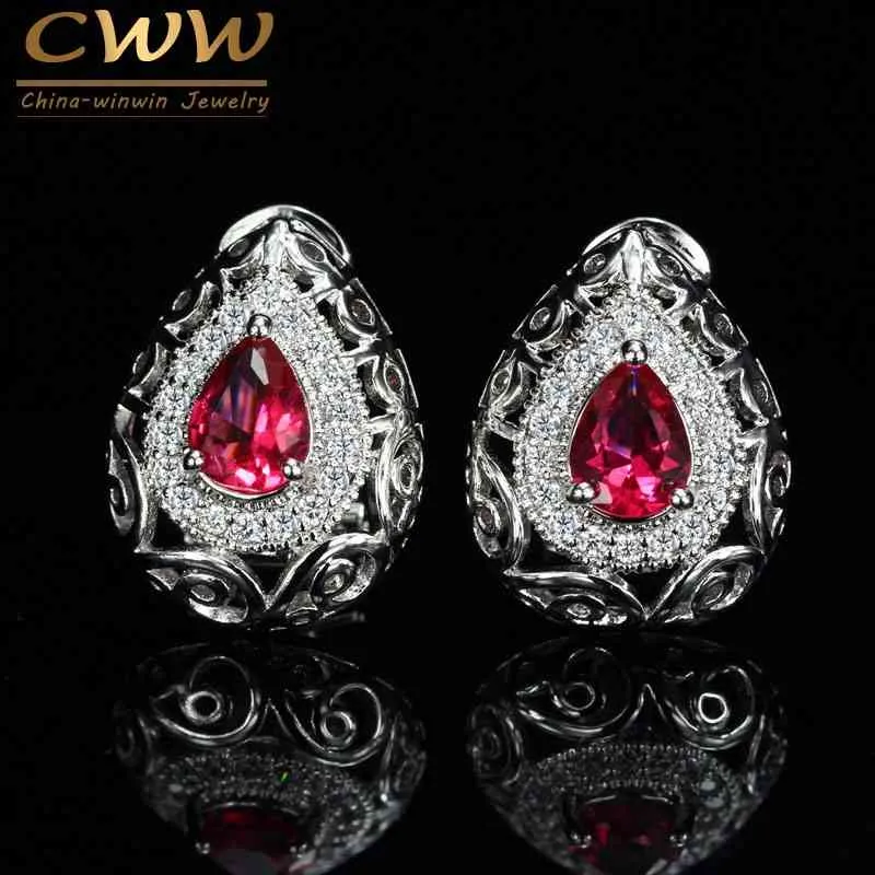 Vintage Design Pear Shaped Rose Red Crystal Women Clip Stud Earrings With Cubic Zirconia Stone Paved CZ357 210714