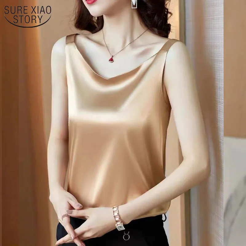 Summer Shirt V-neck Satin Camisole Women Sleeveless Bottoming Ice Silk Office Lady Style Top Female 13860 210508