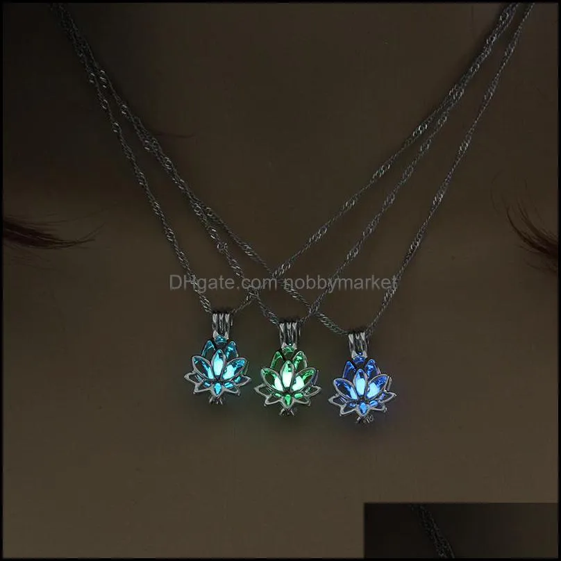 Glow in The Dark Lotus Flower necklaces For Women Hollow Open luminous Beads cages Locket pendant Chains Fashion Jewelry Gift