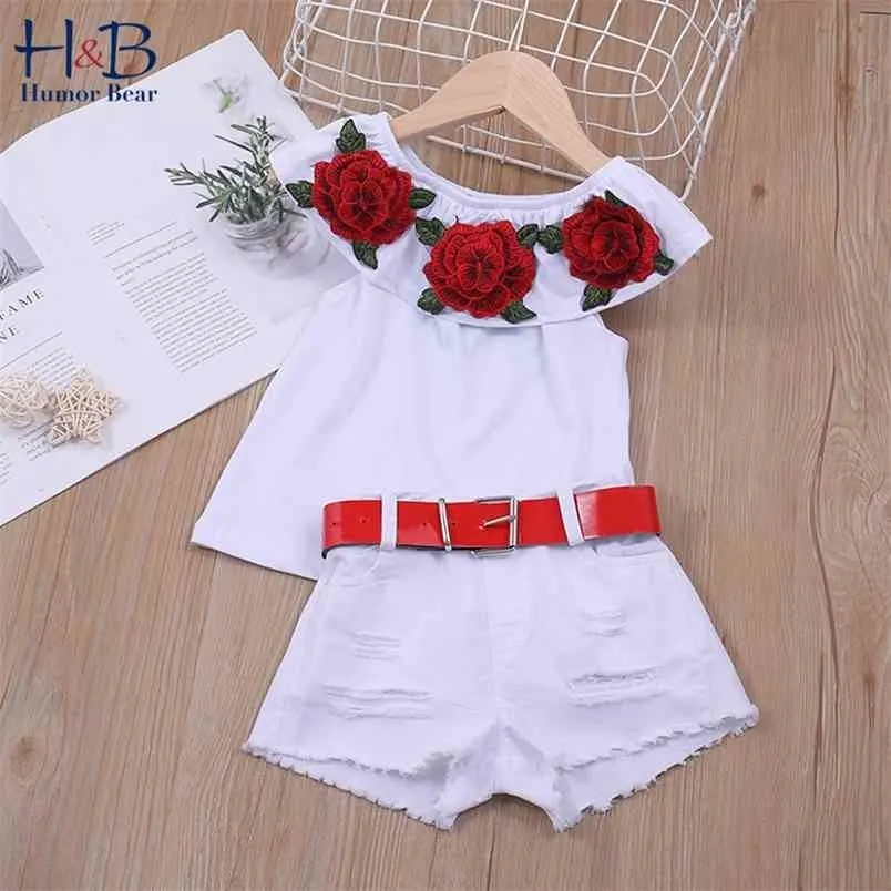 Crianças infantil Bebé menina conjuntos de verão Forma fora do ombro 3d rosa flor de algodão top shorts outfit conjunto 210611