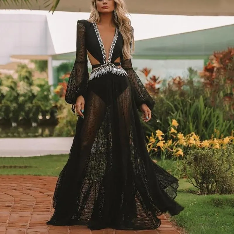 Casual jurken voor vrouwen 2021 maxi jurk sexy backless lantaarn lange mouw uitgesneden kant prom zwarte vrouwen zomer