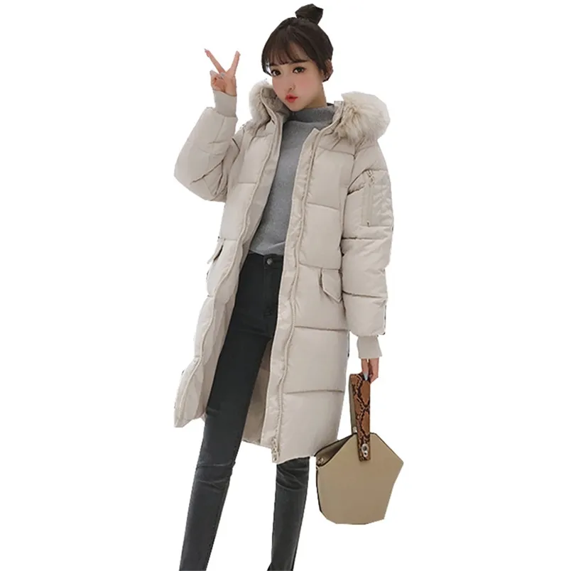 Autumn winter loose Women parka Outwear Coat Jacket long sleeve Knee length Medium Thick warm Fashion Cotton 210910