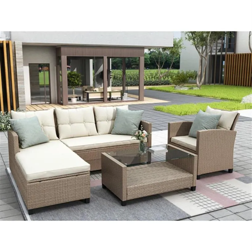 U-Stil-Terrasse Gartenmöbel Sets 4-teiliges Gesprächssatz Wicker Ratten Sektional Sofa mit Sitzkissen US Stock A18 A44