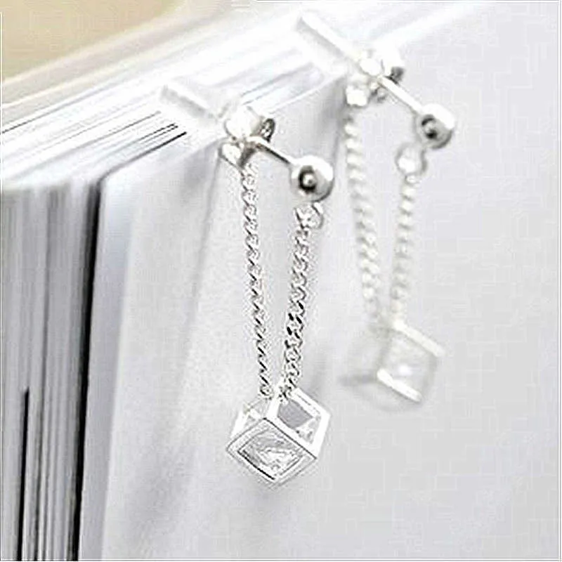 Womens Earrings Dangle crystal silver plated simple hollow cubic zircon flash diamond cube back hanging drop style