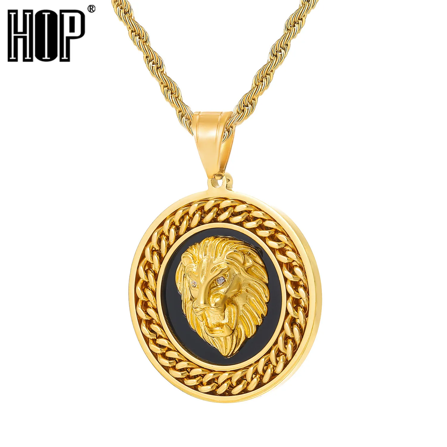 HIP Hop Gold Color Stainless Steel Bling Full CZ Iced Out Rope Chain Cuban chain Lion Pendants & Necklaces for Men Jewelry