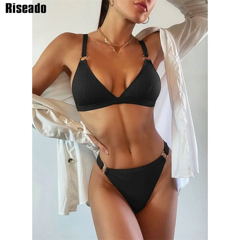 Riseado Push Up Bikini Traje de baño para mujer Traje de baño acanalado Mujeres Conjunto negro Trajes de baño de cintura alta Anillo Biquini Verano 210621