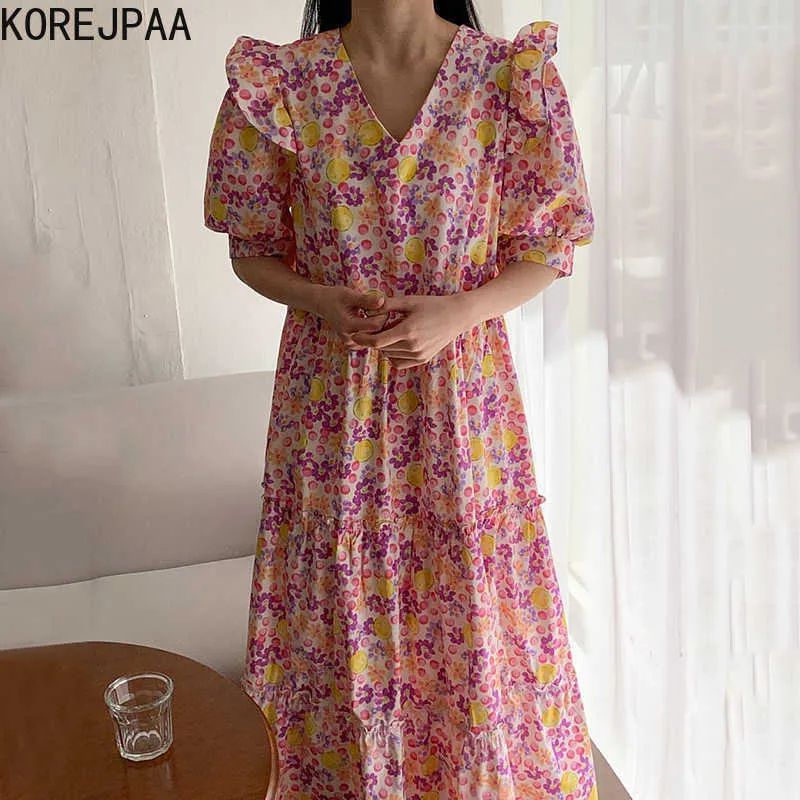 Korjpaa Kvinnor Klänning Sommar Koreanskt Chic Kvinna Retro Western Style V-Neck Wooden Ear Stitching Puff Sleeve Floral Vestidos 210526