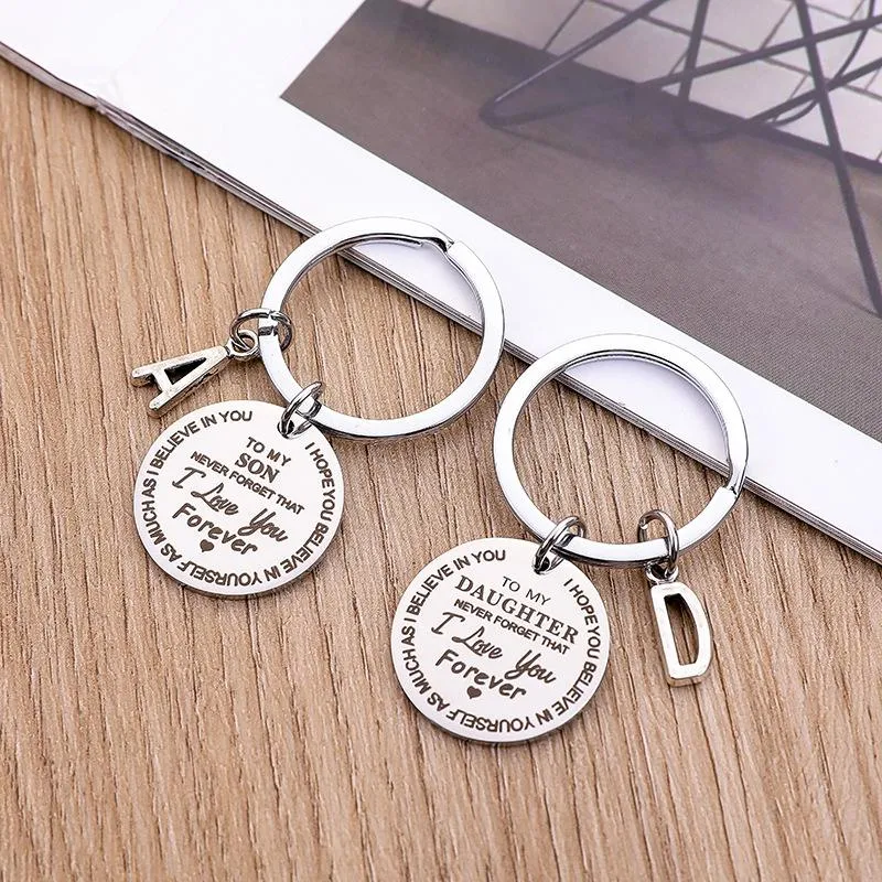 Stainless Steel Jewelry Keychain Good Quality TO MY SON/DAUGHTER Creative Key chain Charm Birthday Gifts Letter A~ Z