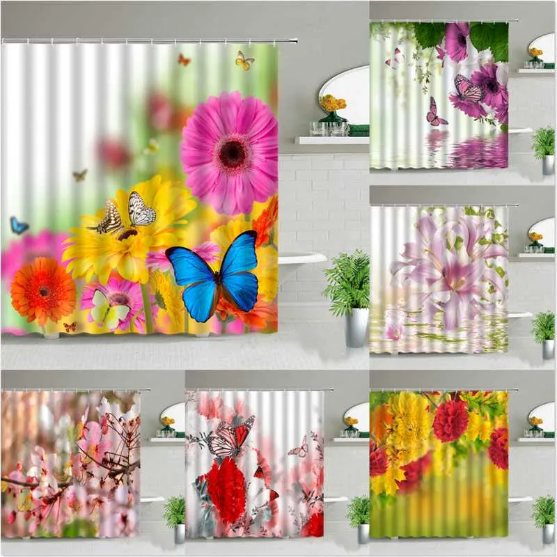 Душевые занавески весенний натуральные пейзажи цветочные бабочки красивые цветы растения засадка для ванны водонепроницаемое домашнее декор для ванной комнаты