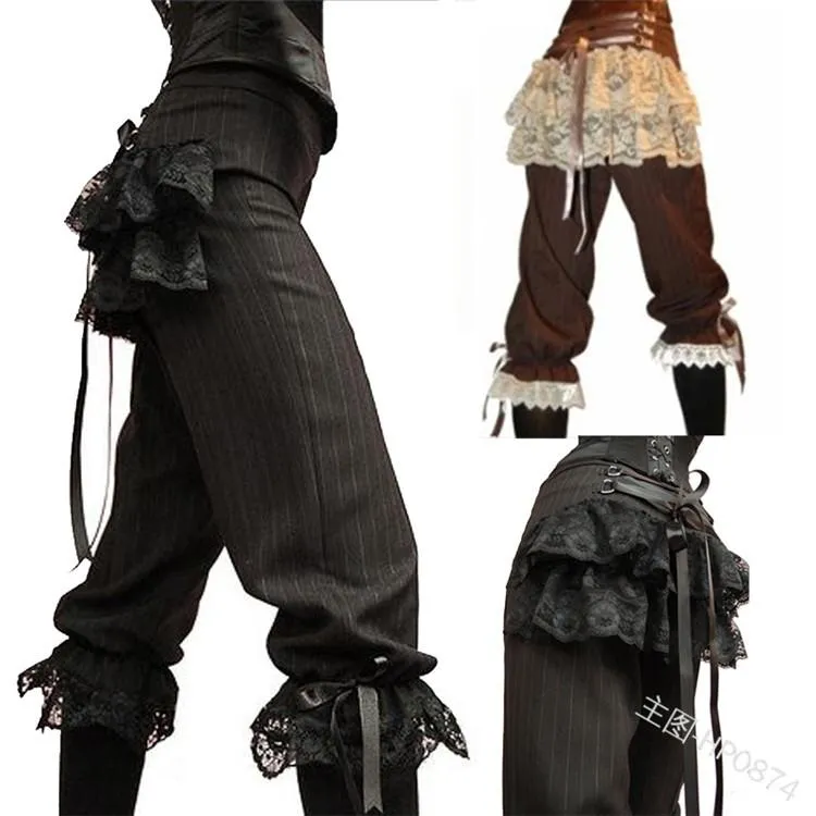 Medieval Retro High-waist Women's Pants Lace Stitching Lace-up Leg-length Five-point Female Creative Trend & Capris