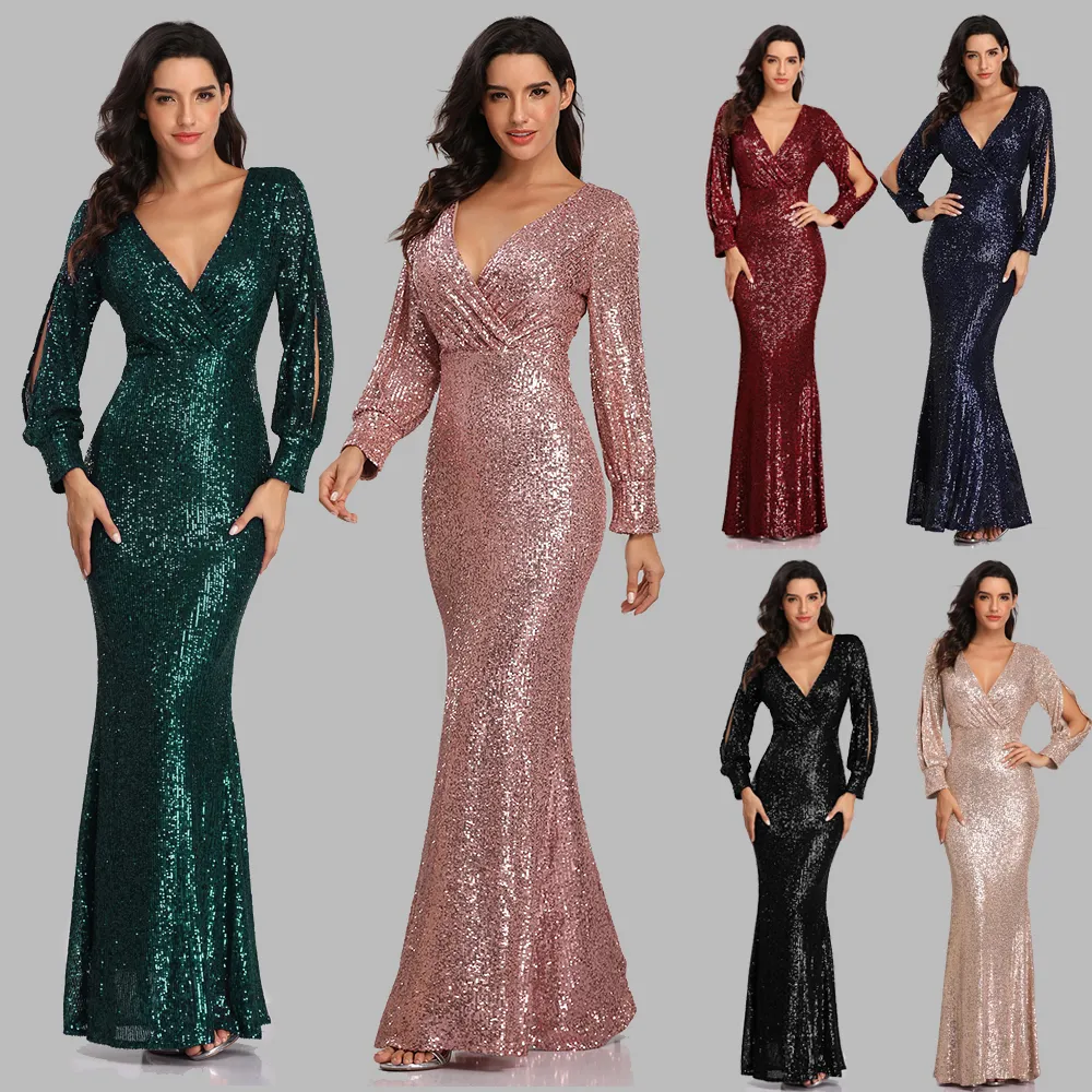 Sexy V-neck Mermaid Evening Dress Long Formal Prom Party Gown Full Sequins long Sleeve Galadress Vestidos Women Dresses 2022