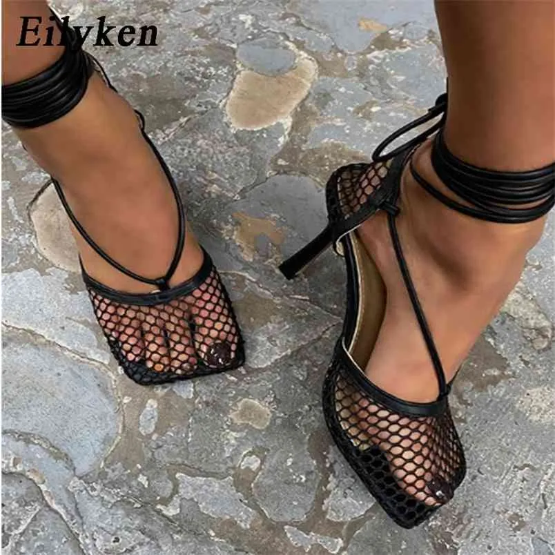 Eillken мода полые дышащие сетки квадратный носок ступеньки высокие каблуки женские насосы насосы лодыжки на шнуровке дамы элегантные одежды 210608