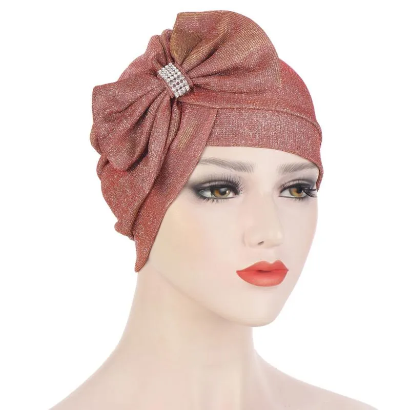 Beanies Multicolor Glitter Bowknot Fashion Turban Hat Cross Forehead Big Bow Diamond-Studded Turbans For Women Headwrap Muslim 2022