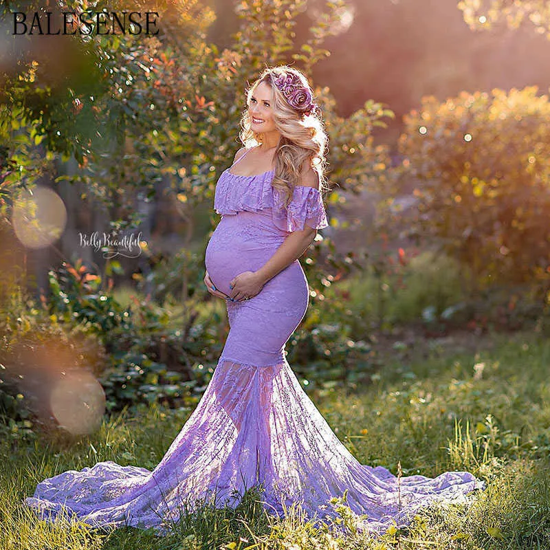 Vestido largo de encaje sirena vestidos de maternidad para sesión de fotos elegante volantes vestido de embarazo mujeres embarazadas Baby Shower vestidos largos Q0713
