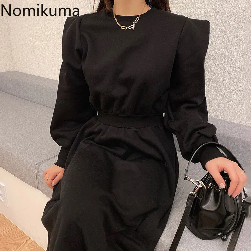 Nomikuma Koreansk Puff Långärmad O-Neck Sweatshirt Klänning Causal O-Neck Slim Waist A-Line Kvinnor Klänningar Vestidos Ny 6D556 210427