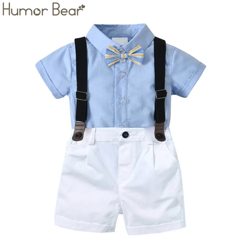 Baby pojkar kläder uppsättning båge formell sommar brittisk stil kläder kostym blå skjorta topp + suspender byxor outfits 210611