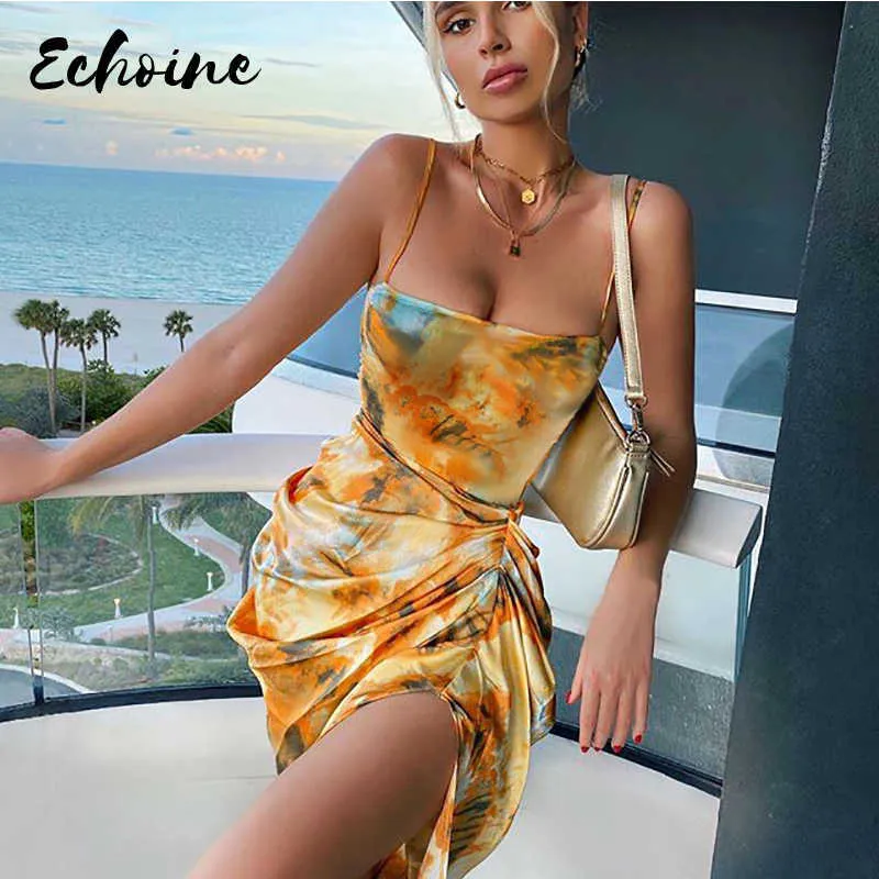 Tie Dye Ruched Women Midi DrStrap Bodycon Bandage Slit Sexy Party Elegant 2020 Summer SundrClothes Streetwear Sundress X0529