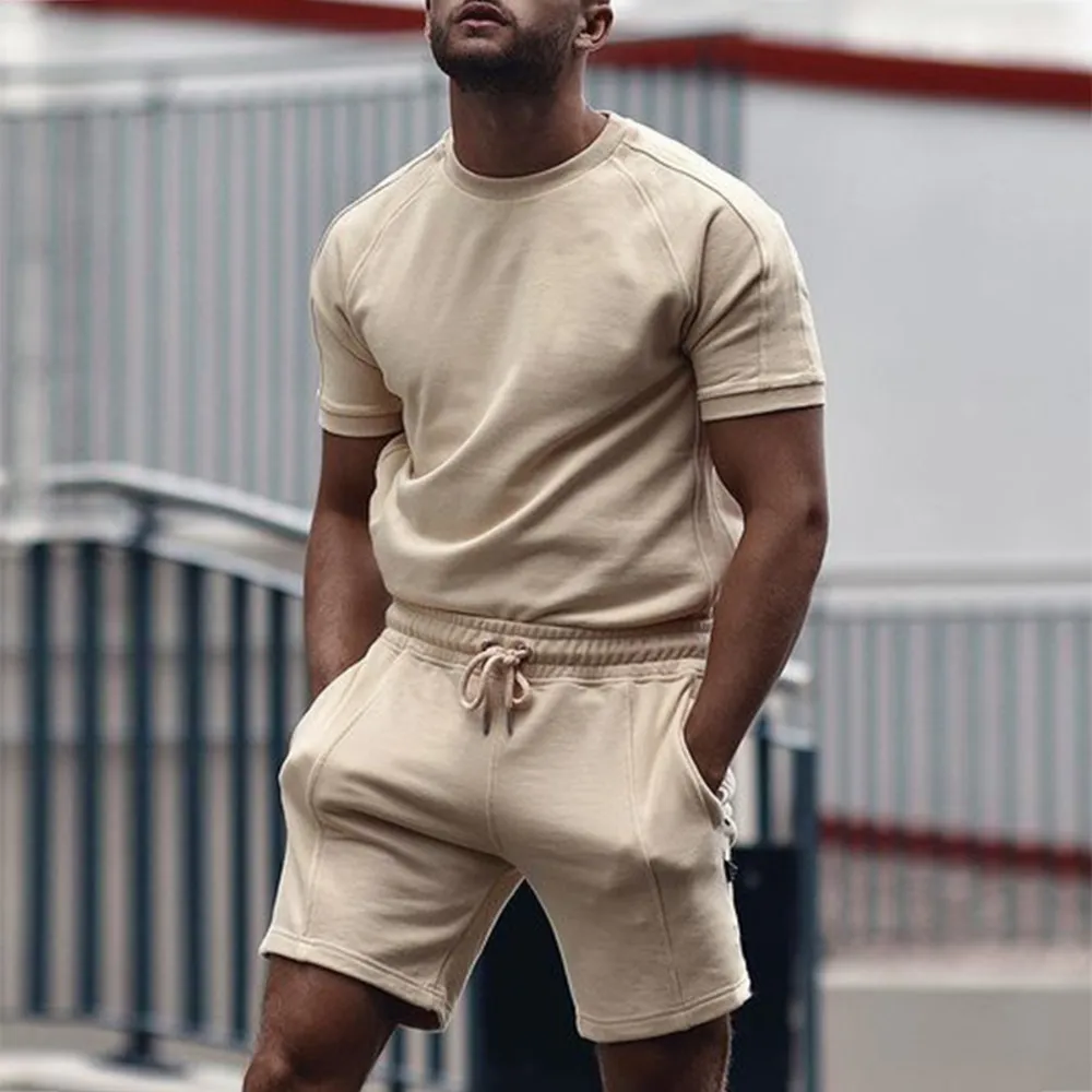 Mens Solid Tracksuit O-Neck T Shirt och Drawstring Shorts Outfits Spring Summer Fashion Casual Sports Två Piece Set Streetwear X0610