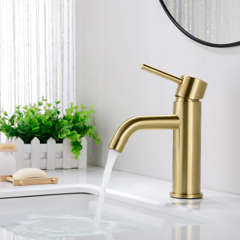 Rubinetti da bagno moderno H Miscelatore dell'acqua fredda Rubinetto della lavandino del rubinetto per lavabo nero della lavanderia nera dei rubinetti delle leva del lavabo Spazzola in ottone dell'oro