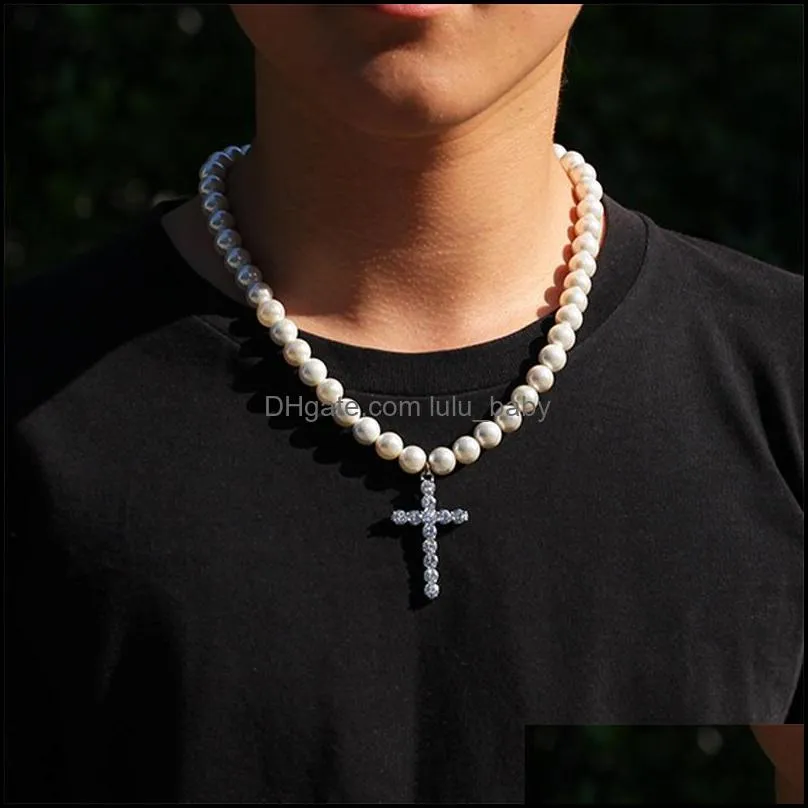 Pearl Chain Necklace Cross Pendant Hip Hop Necklaces for Women Men 8~10mm Pearls Beads Link Vintage Necklace Statement Jewelry Gift 837