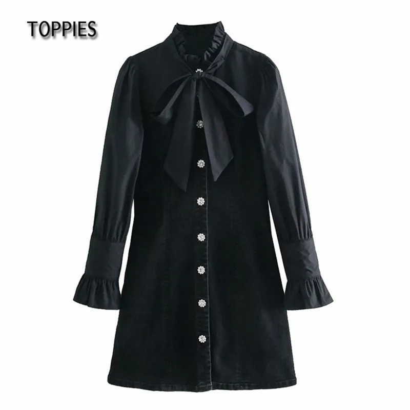 Vintage Black Denim Dress Women Långärmad Spliced ​​Shirts Bow Slips Ruffles Chic Vestidos Streetwear 210421