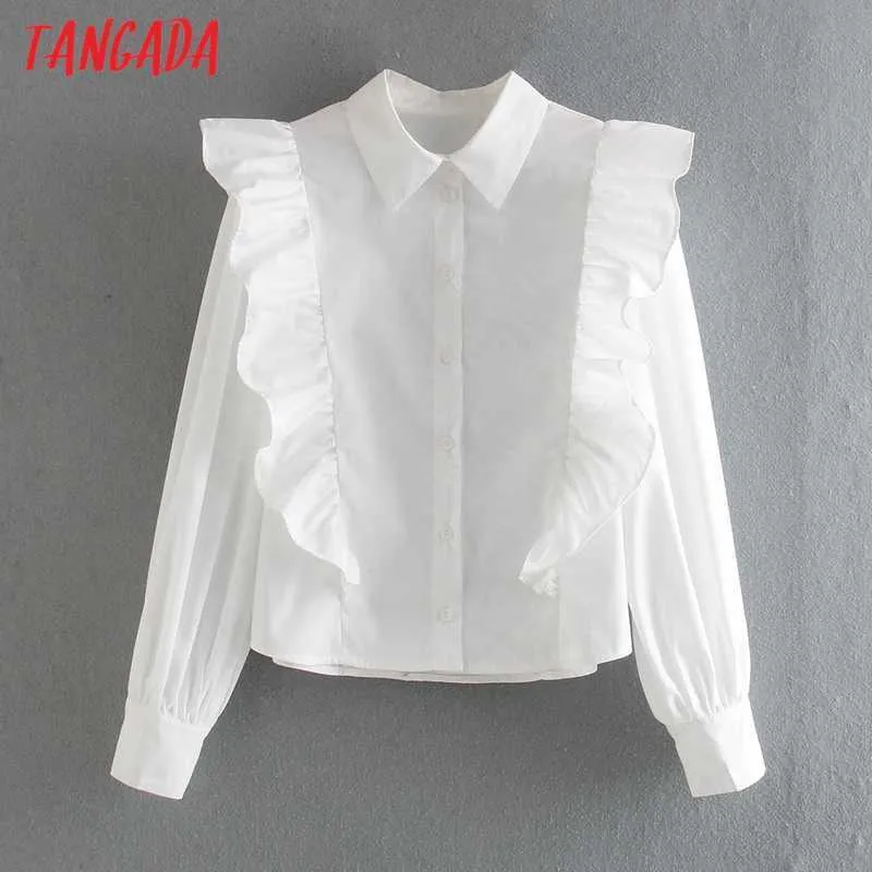 Tangada Wiosna Vintage Kobiety Ruffles Białe Koszule Z Długim Rękawem Solidne Eleganckie Panie Biurowe Work Bluzki CE69 210609