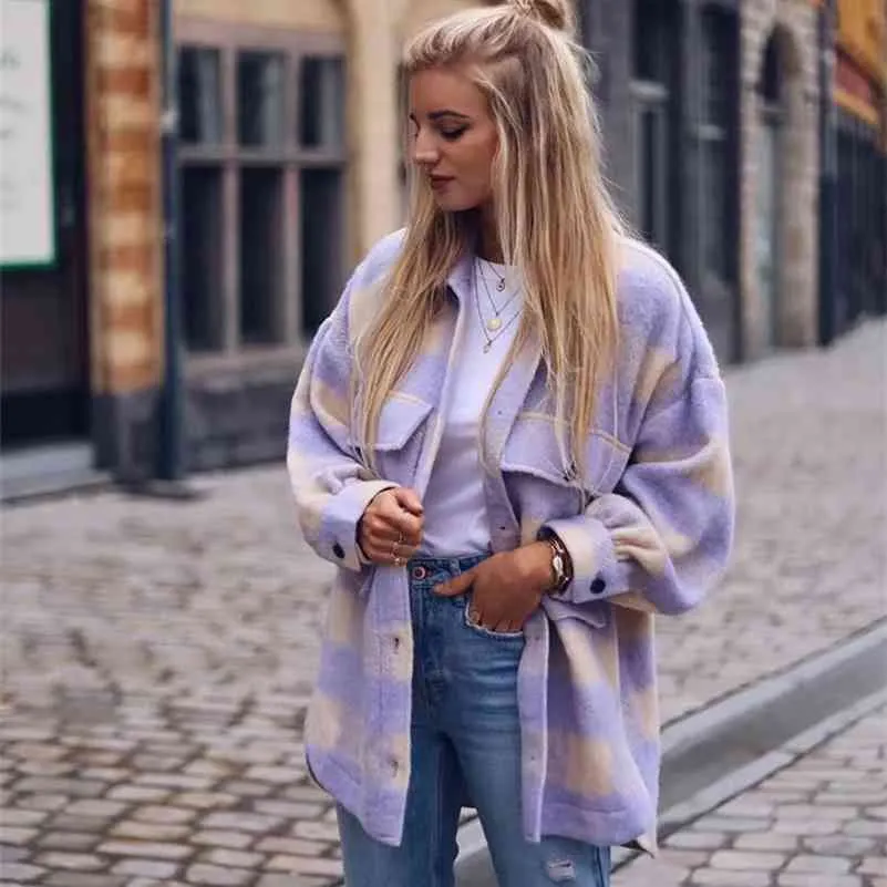 Snygg Sweet Plaid Woolen Shirt Jackor Kvinnor Modefickor Nedgång Collar Check Jacket Söt tjejer Chic Coat Streetwear 210520