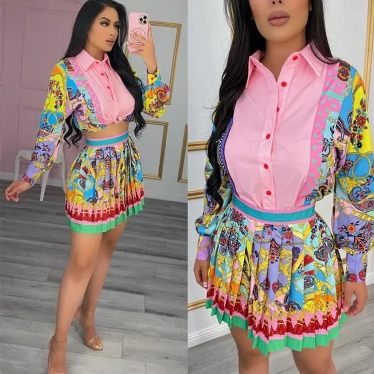 K7022 European and American women's Two Piece Dress positioning printing shirt + pleated skirt suit