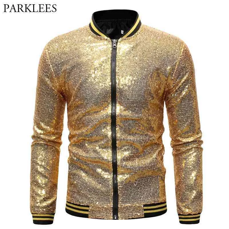 Męskie Shiny Gold Cekiny Vabity Jacket Płaszcz Bling Glitter Nightclub Disco DJ Jacket Bomber Men Party Stage Prom Chaqueta 210522