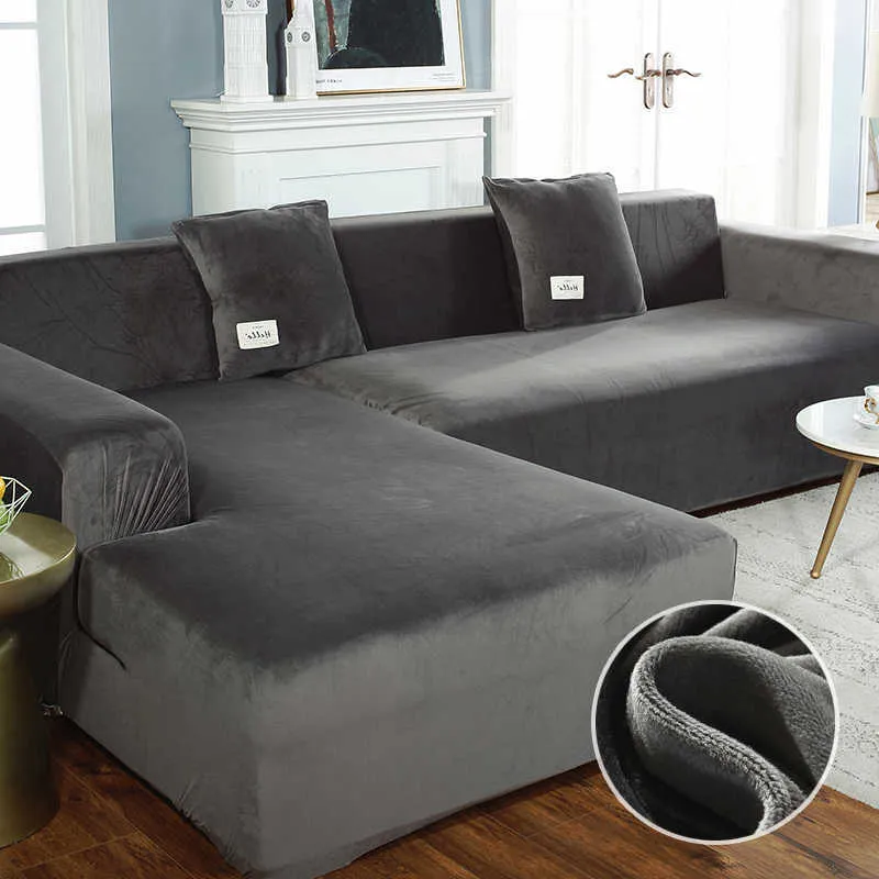 Sammet tyg plysch soffa täcker stretch solid färg tjock slipcover s för vardagsrum husdjur stol kudde 210723
